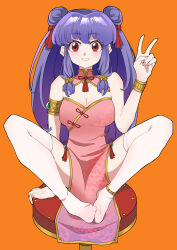 Rule 34 | 1girl, absurdres, bar stool, blue hair, breasts, china dress, chinese clothes, cleavage, dress, hair buns, highres, huge breasts, long hair, looking at viewer, pelvic curtain, ranma 1/2, red eyes, shampoo (ranma 1/2), smile, spread legs, stool, thick thighs, thighs, very long hair, victory pose, yaha0079