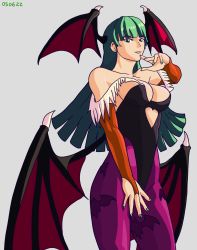 Rule 34 | 1girl, absurdres, bat (animal), breasts, capcom, cleavage, dated, demon girl, green eyes, green hair, grey background, head wings, highleg, highres, large breasts, leggings, leotard, long hair, looking at viewer, morrigan aensland, nail polish, pantyhose, print pantyhose, self-upload, simple background, solo, thick thighs, thighs, vampire, vampire (game), victoria mikoto, white background, wings