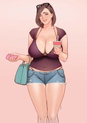 Rule 34 | 1girl, animal print, bag, bikini, bikini top only, blue eyes, breasts, brown hair, cellphone, cleavage, commentary, cup, cutoffs, denim, denim shorts, drinking glass, earrings, english commentary, eyewear on head, hair behind ear, halterneck, handbag, highres, holding, holding phone, jewelry, jnsdh, large breasts, mature female, original, phone, pink background, pink lips, red shirt, shirt, short hair, short shorts, short sleeves, shorts, smartphone, smile, standing, swimsuit, thighs