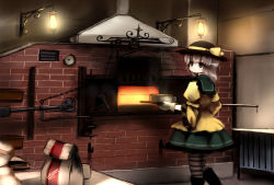 Rule 34 | 1girl, blouse, boots, cake, cooking, dress, female focus, food, green dress, green eyes, green hair, hat, highres, komeiji koishi, looking back, matching hair/eyes, oven, oven mitts, shirt, short hair, skirt, solo, standing, striped clothes, striped thighhighs, thighhighs, touhou, tsubasa (abchipika)