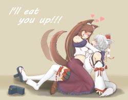 Rule 34 | 2girls, :q, animal ears, bare shoulders, blush, breasts, brown hair, colorized, cube85, detached sleeves, english text, eye contact, fangs, feet, geta, hat, heart, imaizumi kagerou, inubashiri momiji, large breasts, long hair, looking at another, md5 mismatch, multiple girls, naughty face, red eyes, shoes, short hair, silver hair, single shoe, skirt, straddling, tail, tail wagging, tengu-geta, thighhighs, tokin hat, tongue, tongue out, touhou, white legwear, wolf ears, wolf tail, yuri