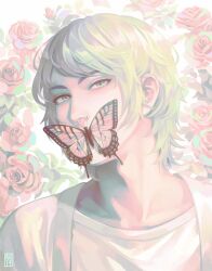 Rule 34 | 1boy, bug, butterfly, covered mouth, driftwoodwolf, flower, green eyes, green hair, insect, looking at viewer, male focus, original, scenery, shirt, solo, t-shirt, upper body, white shirt