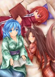 Rule 34 | 3girls, adapted costume, alternate costume, animal ears, blue eyes, blue hair, book, bow, brown hair, contemporary, covered mouth, fins, floral print, grin, hair bow, head fins, highres, hozenkakari, imaizumi kagerou, japanese clothes, kimono, long hair, lying, mermaid, monster girl, multiple girls, on back, on stomach, pillow, plaid, red eyes, red hair, sekibanki, short hair, smile, tail, touhou, track suit, wakasagihime, wolf ears, wolf tail