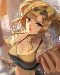 Rule 34 | 1girl, artist request, bare shoulders, blonde hair, blue eyes, blush, breasts, can, cleavage, eyewear on head, fur trim, granblue fantasy, hair ornament, hairband, highres, jacket, large breasts, long hair, looking at viewer, open mouth, smile, solo, sunglasses on head, tank top, twintails, zeta (dark) (granblue fantasy), zeta (granblue fantasy)