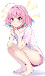 Rule 34 | 1girl, ahoge, armband, blue hair, blush, breasts, chocho (homelessfox), closed mouth, collar, collarbone, commentary request, fang, hair between eyes, hair intakes, idolmaster, idolmaster cinderella girls, looking at viewer, multicolored hair, pink eyes, pink hair, pout, shirt, short hair, short sleeves, simple background, small breasts, solo, squatting, t-shirt, tearing up, tears, two-tone hair, white background, yumemi riamu