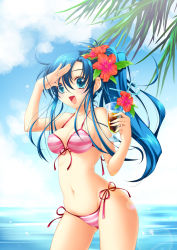 Rule 34 | 1girl, bad id, bad pixiv id, bare arms, bikini, blue eyes, blue hair, character request, collarbone, cowboy shot, day, drink, drinking straw, earrings, flower, hair between eyes, hibiscus, horizon, jewelry, long hair, matching hair/eyes, navel, ocean, open mouth, original, outdoors, p.kibi, side ponytail, solo, striped bikini, striped clothes, swimsuit, water