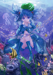 Rule 34 | 1girl, absurdres, blue eyes, blue footwear, blue hair, boots, bow, daikazoku63, fish, green hat, hair bow, hat, highres, holding breath, jellyfish, kawashiro nitori, key, looking away, looking down, short hair, solo, touhou, twintails, underwater, wrench