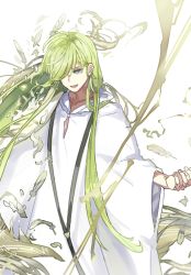 Rule 34 | androgynous, ayanolity, black neckwear, collarbone, enkidu (fate), fate/grand order, fate/strange fake, fate (series), feathers, gender request, green hair, hair over one eye, long hair, open mouth, robe, simple background, white background, white eyes, white robe, wide sleeves