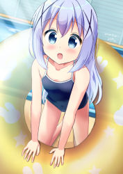 Rule 34 | 1girl, all fours, bare shoulders, blue eyes, blue hair, blue one-piece swimsuit, blush, commentary request, competition school swimsuit, dated, dutch angle, gochuumon wa usagi desu ka?, hair ornament, highres, inakami, indoors, innertube, kafuu chino, leaning forward, long hair, one-piece swimsuit, open mouth, pool, school swimsuit, signature, smile, solo, swim ring, swimsuit, x hair ornament