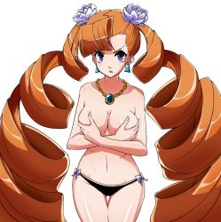 Rule 34 | 1girl, arcana heart, bare shoulders, breasts, colorfag, covering privates, covering breasts, drill hair, earrings, flower, hair flower, hair ornament, jewelry, long hair, necklace, orange hair, panties, petra johanna lagerkvist, purple eyes, shiny skin, solo, twin drills, underwear, very long hair