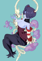 Rule 34 | 1girl, absurdres, alternate breast size, blue background, blue hair, blue skin, breasts, cleavage, colored skin, detached collar, dress, from above, hair over one eye, highres, large breasts, crossed legs, leviathan (skullgirls), looking at viewer, ocha (popopogg), red eyes, side ponytail, skeletal arm, skullgirls, smile, smoke, solo, squigly (skullgirls), stitched mouth, stitches, zombie