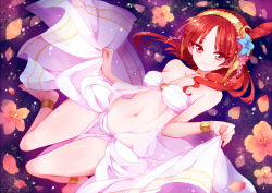 Rule 34 | 1girl, anklet, bare shoulders, barefoot, breasts, choker, feet, flower, hair flower, hair ornament, hairband, jewelry, kodamari, long hair, looking at viewer, lots of jewelry, magi the labyrinth of magic, morgiana, navel, red eyes, red hair, smile, solo
