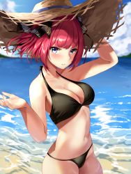 Rule 34 | 1girl, absurdres, arm up, bare shoulders, beach, bikini, black bikini, black ribbon, blue eyes, blue sky, blunt bangs, blush, breasts, cloud, collarbone, day, go-toubun no hanayome, hair ornament, hair ribbon, halterneck, hat, highres, large breasts, lips, looking at viewer, nakano nino, navel, ocean, outdoors, parted lips, red hair, ribbon, skindentation, sky, solo, standing, star741, straw hat, swimsuit