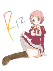 Rule 34 | 10s, 1girl, :p, apron, arm support, boots, bow, bowtie, character name, dress, english text, engrish text, hair ornament, hairclip, lisbeth (sao), no panties, pink hair, puffy sleeves, ranguage, red eyes, short hair, simple background, sitting, solo, sword art online, tongue, tongue out, white background