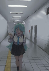 Rule 34 | 1girl, absurdres, aqua hair, blue archive, blue necktie, ceiling, ceiling light, closed mouth, commentary request, facing viewer, hallway, halo, highres, indoors, leaning forward, long hair, mano eglu, necktie, open mouth, pleated skirt, revision, school uniform, shaded face, shirt, sketch, skirt, smile, solo, subway station, the exit 8, tile floor, tiles, walking, waving, white shirt, yume (blue archive)