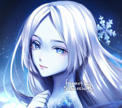 Rule 34 | 1girl, artist name, blue background, blue skin, blue theme, blush, closed mouth, colored skin, commentary, english commentary, expressionless, hand on own chest, lips, long hair, looking at viewer, onmyoji, parted bangs, sasucchi95, snowflakes, solo, white hair, yuki onna (onmyoji)