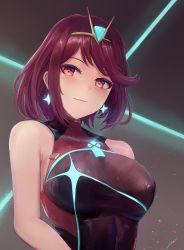Rule 34 | 1girl, black one-piece swimsuit, blush, breasts, competition swimsuit, covered navel, earrings, gem, headpiece, highres, jewelry, large breasts, leonmandala, looking at viewer, nintendo, one-piece swimsuit, pyra (pro swimmer) (xenoblade), pyra (xenoblade), red eyes, red hair, short hair, simple background, smile, solo, swept bangs, swimsuit, tiara, xenoblade chronicles (series), xenoblade chronicles 2