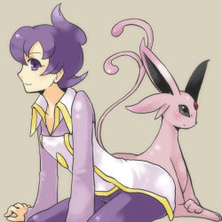 Rule 34 | 00s, 1girl, anabel (pokemon), androgynous, bad id, bad pixiv id, blue eyes, collar, creatures (company), espeon, from side, frontier brain, game freak, gen 2 pokemon, grey background, long sleeves, miuta, multiple tails, nintendo, pointy ears, pokemon, pokemon (creature), pokemon rse, purple eyes, purple hair, reverse trap, short hair, simple background, sitting, smile, tail, two tails