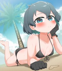 Rule 34 | 1girl, absurdres, bikini, black bikini, black gloves, black hair, blue eyes, blue sky, blush, breasts, chis (js60216), cloud, day, dutch angle, front-tie bikini top, front-tie top, gloves, highres, kaban (kemono friends), kemono friends, looking at viewer, lying, on stomach, outdoors, palm tree, short hair, side-tie bikini bottom, sky, small breasts, smile, solo, swimsuit, tree