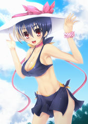 Rule 34 | 1girl, :d, bad id, bad tinami id, bikini, black hair, blush, breasts, cleavage, gien, groin, hat, hat ribbon, highres, koihime musou, large breasts, multicolored hair, navel, neck ribbon, open mouth, pink ribbon, ponshiro, red eyes, ribbon, shin koihime musou, short hair, side-tie bikini bottom, sideboob, smile, solo, swimsuit, two-tone hair, white hair