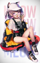 Rule 34 | 1girl, :d, animal ear fluff, animal ears, arm support, bag, bare legs, baseball cap, belt, black-framed eyewear, black choker, black jacket, black shorts, black socks, blush, bubble tea, cat ears, cat tail, choker, cup, disposable cup, drinking straw, fang, full body, glasses, grey background, grey hair, grey nails, hand up, hat, highres, holding, holding cup, jacket, legs, long sleeves, looking at viewer, nail polish, off shoulder, open clothes, open jacket, open mouth, original, purple eyes, pyonsuke (pyon2 mfg), red belt, shadow, shirt, shoes, short hair, short shorts, short sleeves, shorts, sidelocks, simple background, sitting, skateboard, smile, sneakers, socks, solo, t-shirt, tail, thighs, two side up, unworn jacket, white footwear, white hat, white shirt