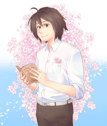 Rule 34 | 1boy, ahoge, belt, book, breast pocket, brown hair, brown pants, buttons, cherry blossoms, collarbone, collared shirt, facial hair, falling petals, fingernails, flower in pocket, goatee stubble, gradient background, hair between eyes, holding, holding book, kenji (pop&#039;n music), male focus, open book, pants, petals, pocket, pop&#039;n music, shirt, short hair, short sleeves, solo, stubble, white belt, white shirt, yokunaiiii