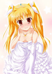 Rule 34 | 00s, 1girl, bad id, bad pixiv id, blonde hair, blush, bow, breasts, cleavage, downblouse, dress, eccentriky, elbow gloves, fate testarossa, gloves, hair bow, lyrical nanoha, mahou shoujo lyrical nanoha, red eyes, small breasts, solo, tiara, twintails, wedding dress