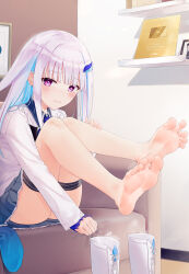 Rule 34 | 1girl, barefoot, blush, boots, couch, feet, highres, knees together feet apart, kou futoshi, lize helesta, lize helesta (1st costume), long hair, looking at viewer, nijisanji, purple eyes, shoes, silver hair, soles, steam, toes, unworn boots, unworn shoes, unworn socks, virtual youtuber