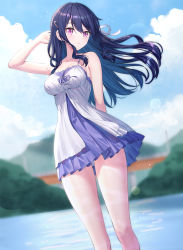 Rule 34 | 1girl, arm behind head, bare arms, bare shoulders, black hair, blue sky, blurry, blurry background, blush, breasts, cleavage, closed mouth, cloud, cloudy sky, collarbone, commentary request, day, depth of field, dress, floating hair, hair between eyes, hair ornament, hair ribbon, hairclip, hand up, highres, izanami kyouko, kamisama ni natta hi, long hair, looking at viewer, medium breasts, outdoors, pleated dress, purple dress, purple eyes, ribbon, ririko (zhuoyandesailaer), sky, sleeveless, sleeveless dress, solo, very long hair, water, white dress, white ribbon