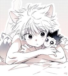 Rule 34 | 1boy, animal ears, bare arms, bare shoulders, bed sheet, cat ears, character doll, closed mouth, crossed arms, fang, fang out, gon freecss, highres, hunter x hunter, kemonomimi mode, killua zoldyck, lying, male focus, monochrome, noeardog, on bed, on stomach, outline, pillow, short hair, sideways glance, sleeveless, solo, spiked hair