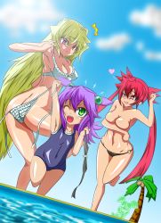 Rule 34 | ^^^, 3girls, :&lt;, aq interactive, arcana heart, arcana heart 3, arm up, ass, atlus, barefoot, bikini, bikini tan, blonde hair, breast lift, breasts, cleavage, clothes theft, covering privates, covering breasts, eko (arcana heart), examu, fangs, green eyes, hair bobbles, hair ornament, heart, heart-shaped pupils, kaz (arcana heart), long hair, medium breasts, multiple girls, muruchi-, o-ring, o-ring bottom, o-ring top, one eye closed, open mouth, palm tree, pink eyes, pink hair, purple hair, scharlachrot, side-tie bikini bottom, small breasts, swimsuit, swimsuit theft, symbol-shaped pupils, tan, tanline, theft, topless, tree, twintails, untied, very long hair, weiss, wink