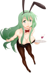 Rule 34 | 1girl, alcohol, animal ears, bare shoulders, bow, bowtie, breasts, cleavage, collarbone, detached collar, drink, fake animal ears, female focus, glass, green eyes, green hair, happy, high heels, holding, kesuida, large breasts, leotard, long hair, looking at viewer, matching hair/eyes, open mouth, original, pantyhose, playboy bunny, rabbit ears, rabbit tail, shoes, simple background, smile, solo, standing, tail, tray, very long hair, white background, wine, wrist cuffs