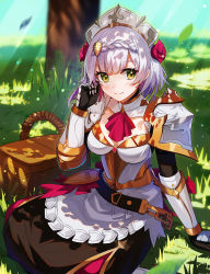 Rule 34 | 1girl, absurdres, adjusting hair, armor, ascot, basket, blush, breasts, cleavage, closed mouth, flower, gauntlets, genshin impact, grass, green eyes, hair flower, hair ornament, hand up, highres, medium breasts, noelle (genshin impact), outdoors, red ascot, red flower, red rose, rose, short hair, sitting, smile, solo, tree, wattyon01, white hair