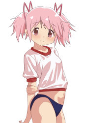 Rule 34 | 1girl, hateri, kaname madoka, looking at viewer, mahou shoujo madoka magica, pink eyes, pink hair, short sleeves, short twintails, simple background, smile, solo, twintails