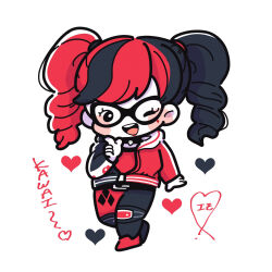Rule 34 | 1girl, black hair, blush stickers, chibi, choker, dc comics, domino mask, full body, harley quinn, heart, highres, index finger raised, jacket, long sleeves, mask, moesaku6, multicolored hair, one eye closed, open mouth, red hair, smile, solo, split-color clothes, twintails, two-tone hair