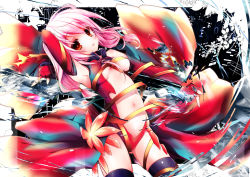 Rule 34 | 10s, 1girl, armpits, breasts, center opening, detached sleeves, fingerless gloves, gloves, guilty crown, nanamomo rio, navel, pink hair, red eyes, small breasts, solo, thighhighs, yuzuriha inori