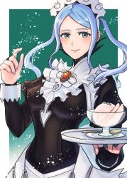 Rule 34 | 1girl, black dress, blue hair, bowl, bridal gauntlets, dress, fire emblem, fire emblem fates, flora (fire emblem), grey eyes, highres, holding, holding tray, long sleeves, looking at viewer, maid, maid headdress, nintendo, parted bangs, plate, smile, snow, solo, spoon, tray, twintails, upper body, wrist cuffs, yuki12046