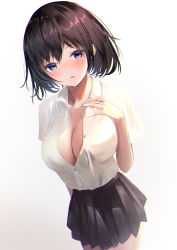 Rule 34 | 1girl, absurdres, bad id, bad pixiv id, black hair, black skirt, blue eyes, blush, breasts, cleavage, highres, large breasts, looking at viewer, original, school uniform, shirt, short hair, short sleeves, simple background, skirt, solo, standing, white background, white shirt, yk (pixiv43531291)