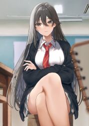 Rule 34 | 1girl, black eyes, black hair, black jacket, blurry, blurry background, blurry foreground, blush, breasts, closed mouth, collared shirt, commentary request, crossed legs, depth of field, diagonal-striped clothes, diagonal-striped necktie, ear piercing, earrings, grey skirt, hair between eyes, hamu (plot sy), highres, jacket, jewelry, long sleeves, looking at viewer, medium breasts, necktie, open clothes, open jacket, original, piercing, plaid, plaid skirt, red necktie, school uniform, shirt, sitting, skirt, solo, striped clothes, stud earrings, white shirt