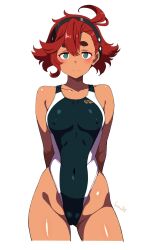 Rule 34 | ahoge, aqua eyes, arms behind back, batta 16-sei, black hairband, black one-piece swimsuit, breasts, cameltoe, cleft of venus, competition swimsuit, covered erect nipples, covered navel, cowboy shot, gundam, gundam suisei no majo, hair between eyes, hairband, highleg, highleg swimsuit, highres, medium breasts, one-piece swimsuit, red hair, short hair, simple background, standing, suletta mercury, swept bangs, swimsuit, thick eyebrows, two-tone swimsuit, white background