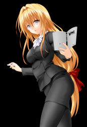 Rule 34 | 00s, 10s, 1girl, absurdres, black background, black cat (series), blonde hair, book, bow, chalk, female focus, formal, glasses, hair bow, highres, image sample, jacket, long hair, low-tied long hair, pantyhose, pencil skirt, red eyes, simple background, skirt, skirt suit, solo, suit, teacher, tearju lunatique, third-party edit, to love-ru, to love-ru darkness, vector trace, very long hair