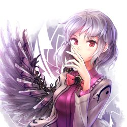 Rule 34 | 1girl, blush, bow, bowtie, covering own mouth, eyebrows, feathered wings, hand fan, jacket, kishin sagume, long sleeves, looking at viewer, mechanical wings, minust, open clothes, open jacket, red eyes, short hair, silver hair, simple background, single wing, solo, touhou, upper body, white background, wings