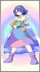 Rule 34 | 1girl, belt pouch, berusuke (beru no su), blue eyes, blue hair, boots, bow, cape, card, card background, dress, footwear bow, full body, hairband, holding, holding card, medium dress, multicolored clothes, multicolored hairband, patchwork clothes, pouch, purple footwear, rainbow gradient, short hair, silhouette, sky print, smile, tenkyuu chimata, touhou, two-sided cape, two-sided fabric, zipper pull tab