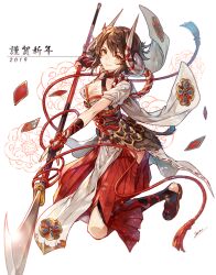 Rule 34 | 1girl, boar tail, breasts, brown hair, chinese zodiac, cleavage, closed mouth, commentary request, glint, gloves, highres, holding, holding polearm, holding weapon, horn ornament, horn ribbon, horns, looking at viewer, medium breasts, naginata, original, partially fingerless gloves, polearm, red ribbon, red skirt, ribbon, sandals, senano-yu, short sleeves, signature, skirt, smile, solo, weapon, white background, year of the pig, yellow eyes