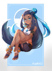 Rule 34 | 1girl, absurdres, armpits, arms behind head, arms up, bikini, black hair, blue hair, closed mouth, commentary, creatures (company), crop top, dark-skinned female, dark skin, duplicate, english commentary, floating hair, game freak, green eyes, highres, jewelry, long hair, looking at viewer, maviss 03, multicolored hair, navel, necklace, nessa (pokemon), nintendo, pixel-perfect duplicate, pokemon, pokemon swsh, solo, sports bikini, streaked hair, swimsuit, two-tone hair, upper body, very long hair