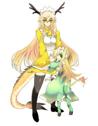 Rule 34 | 2girls, age difference, antlers, aoguu, apron, aqua eyes, bad id, bad pixiv id, blonde hair, dragon girl, dragon horns, dragon tail, dress, flame-tipped tail, futaba channel, green eyes, hand on another&#039;s head, hooves, horns, kirin (nijiura maids), kouryuu (nijiura maids), long hair, looking at viewer, looking back, maid headdress, monster girl, mother and daughter, multiple girls, nijiura maids, pointy ears, simple background, single horn, standing, tail, thighhighs, turtleneck, turtleneck dress, very long hair, white background, yellow eyes, zettai ryouiki