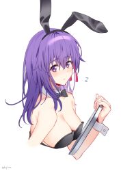 Rule 34 | 1girl, absurdres, alternate costume, animal ears, bare shoulders, black leotard, blush, breasts, chip le cree, cleavage, closed mouth, commentary request, cropped torso, detached collar, fake animal ears, fate/stay night, fate (series), flying sweatdrops, hair ribbon, highres, holding, holding tray, leotard, long hair, looking at viewer, matou sakura, medium breasts, playboy bunny, purple eyes, purple hair, rabbit ears, red ribbon, ribbon, simple background, solo, strapless, strapless leotard, tray, twitter username, white background, wrist cuffs