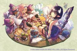 Rule 34 | 2girls, black hair, bracelet, breasts, brown eyes, cleavage, collar, dress, eating, food, from above, fruit, grey background, hat, holding, holding paper, horns, jewelry, knee pads, large breasts, looking at viewer, lord of vermilion arena, maeya susumu, multiple girls, official art, pancake, paper, pink hair, plate, pointy ears, purple dress, purple robe, robe, short hair, sitting, spiked bracelet, spikes, tagme, taiyaki, tea, teapot, wagashi, wand, watermark, witch hat