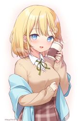 Rule 34 | 1girl, :d, alternate costume, blonde hair, blue eyes, blush, breasts, collared shirt, cup, cup to cheek, disposable cup, green ribbon, hair ornament, hand up, highres, holding, holding cup, hololive, hololive english, long sleeves, looking at viewer, medium breasts, moorina, neck ribbon, off shoulder, open mouth, plaid, plaid skirt, ribbon, shirt, simple background, skirt, sleeves past wrists, smile, solo, twitter username, upper body, virtual youtuber, watson amelia, white background, white shirt