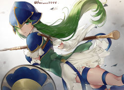 Rule 34 | 1girl, armor, blue armor, breastplate, detached sleeves, fire emblem, fire emblem: path of radiance, fire emblem heroes, green eyes, green hair, haru (nakajou-28), helmet, highres, long hair, looking back, nephenee (fire emblem), nintendo, polearm, shield, shirt, simple background, solo, spear, thigh strap, twitter username, very long hair, weapon, white background, white shirt